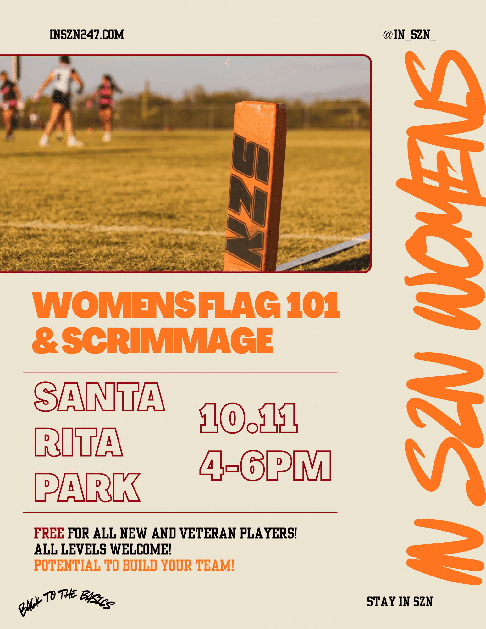 Women’s Flag 101 & Scrimmage, October 11, 4–6 p.m. at Santa Rita Park. Free for new and veteran players; all levels welcome.