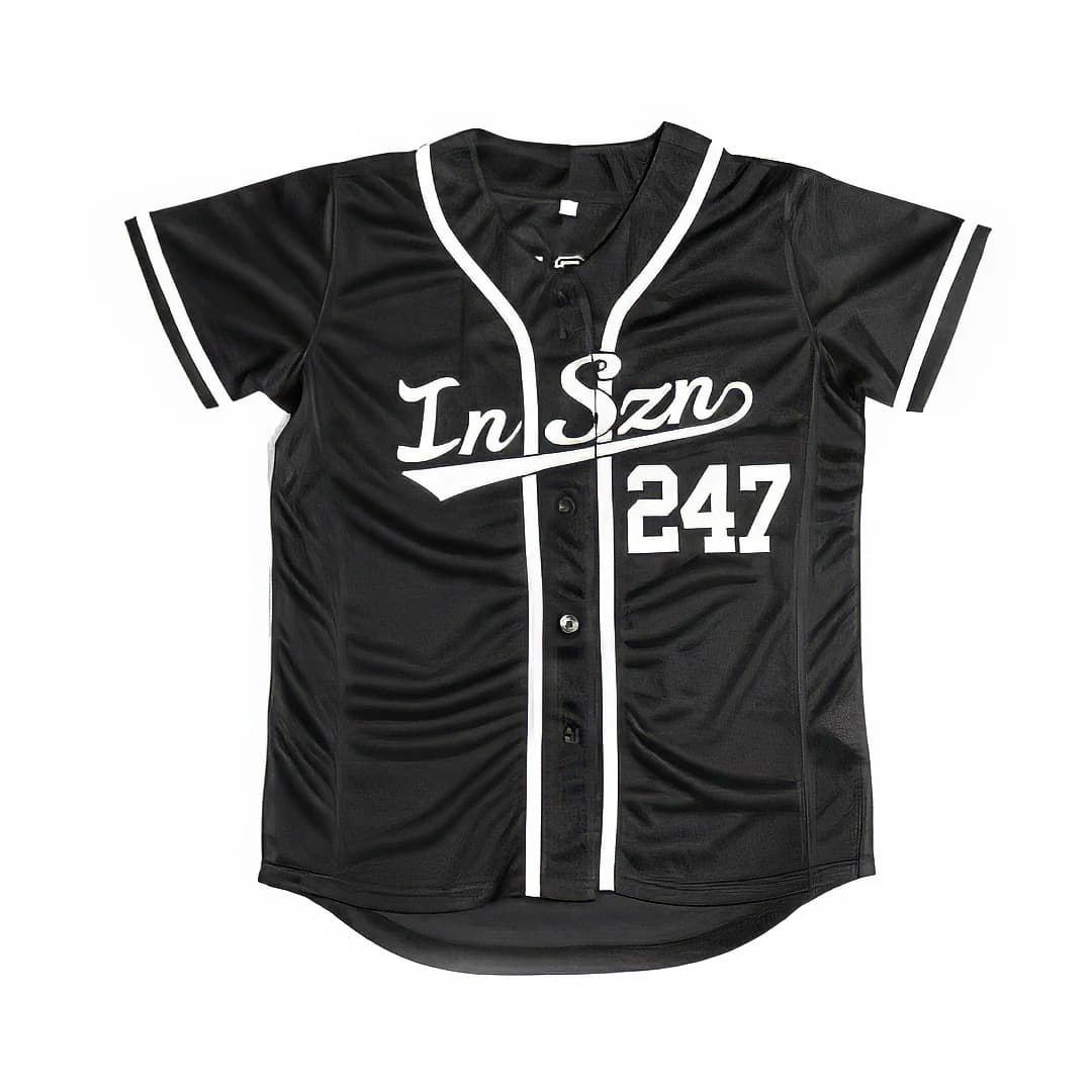 Front of the solid black IN SZN 247 baseball jersey