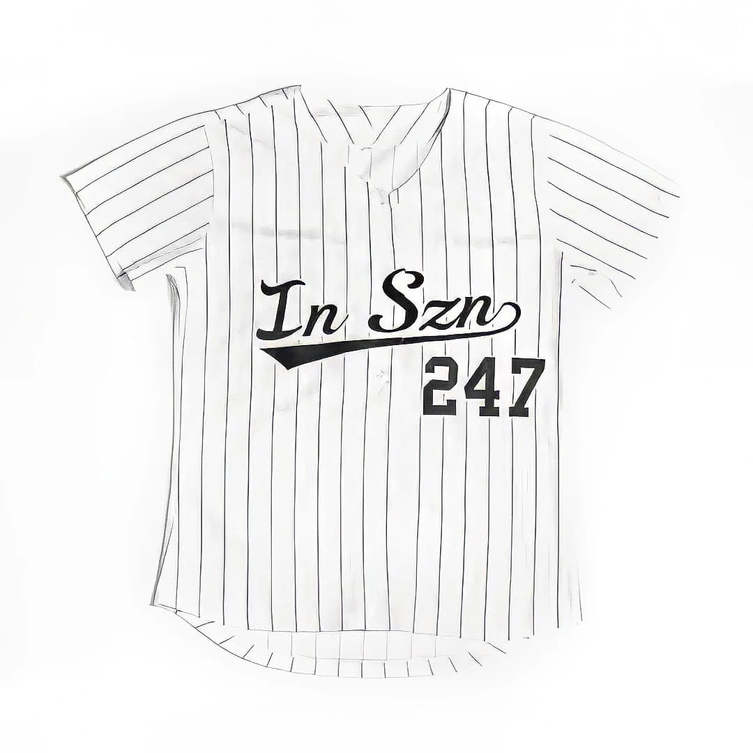 Front of the white IN SZN pinstripe baseball jersey