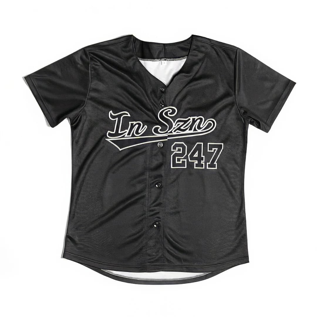 Front of the outlined black IN SZN 247 baseball jersey