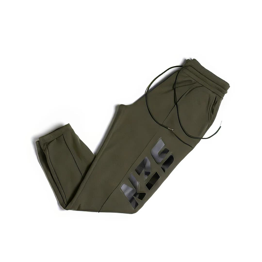 Folded olive joggers with SZN lettering on the leg
