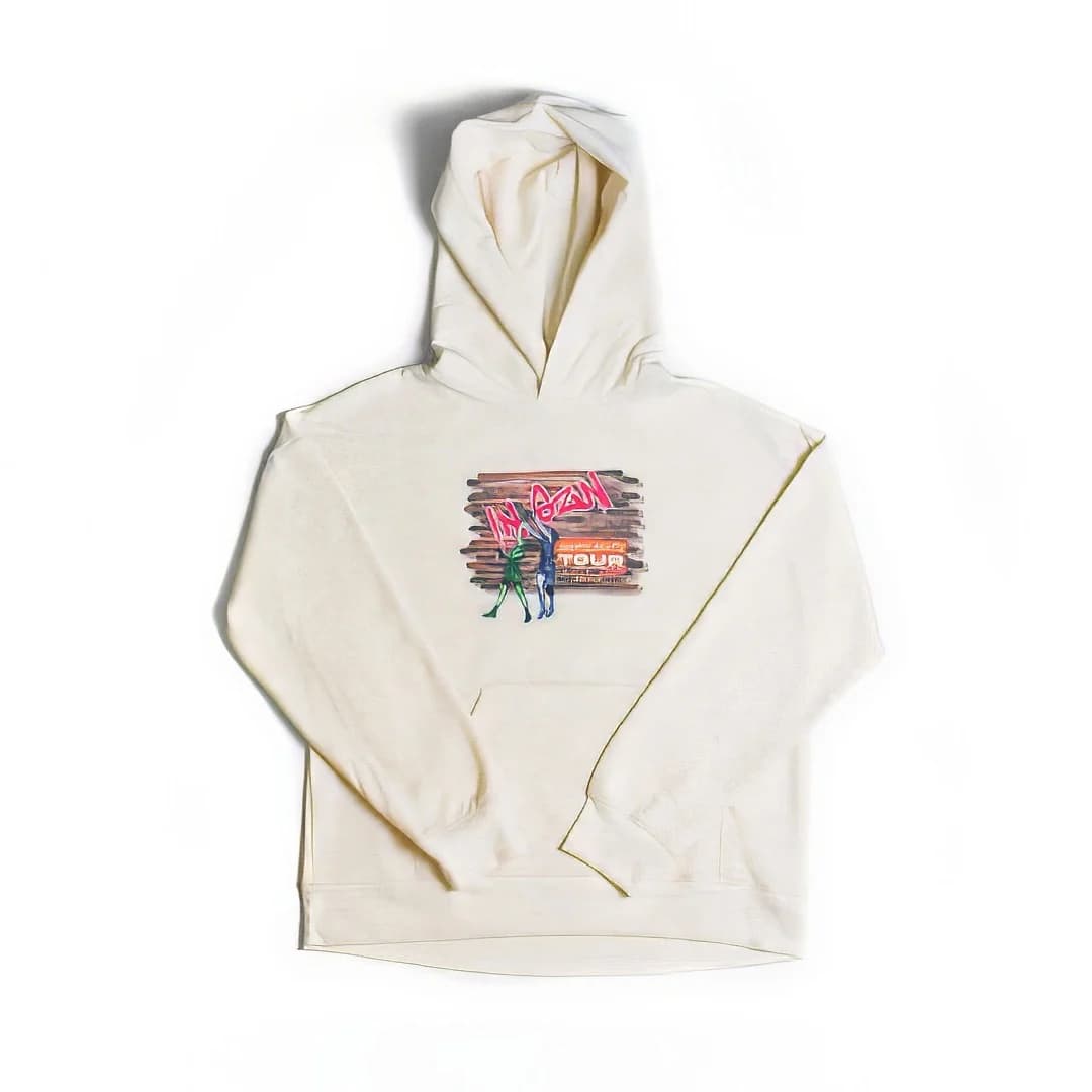 Front of the cream IN SZN Tour hoodie