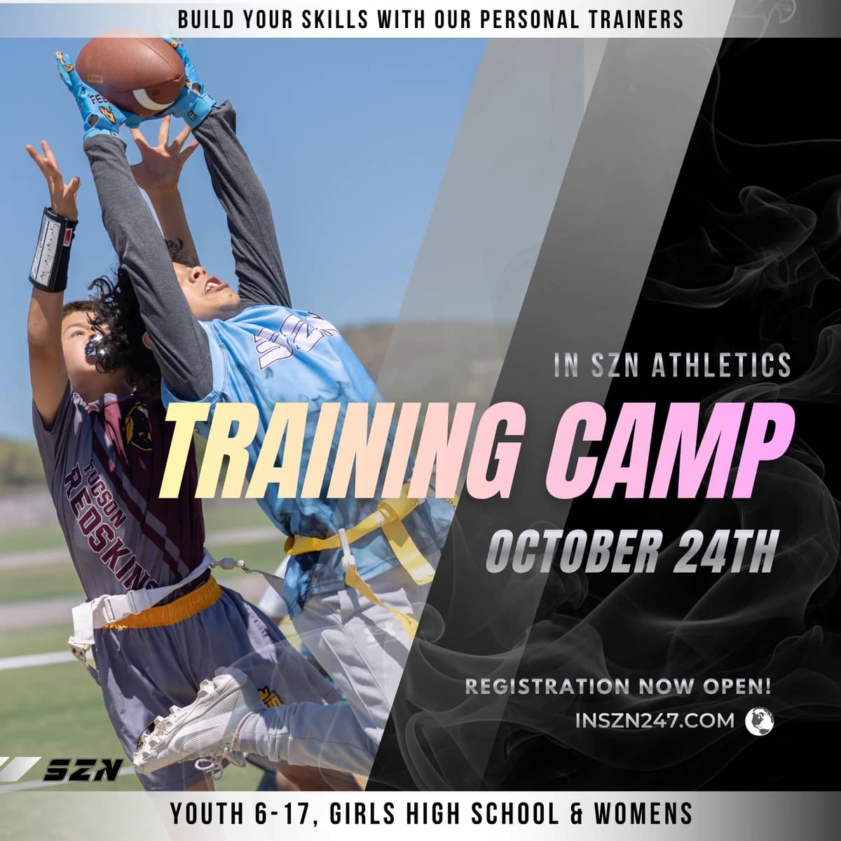 IN SZN October 24 training camp flyer with youth flag football players reaching for a pass