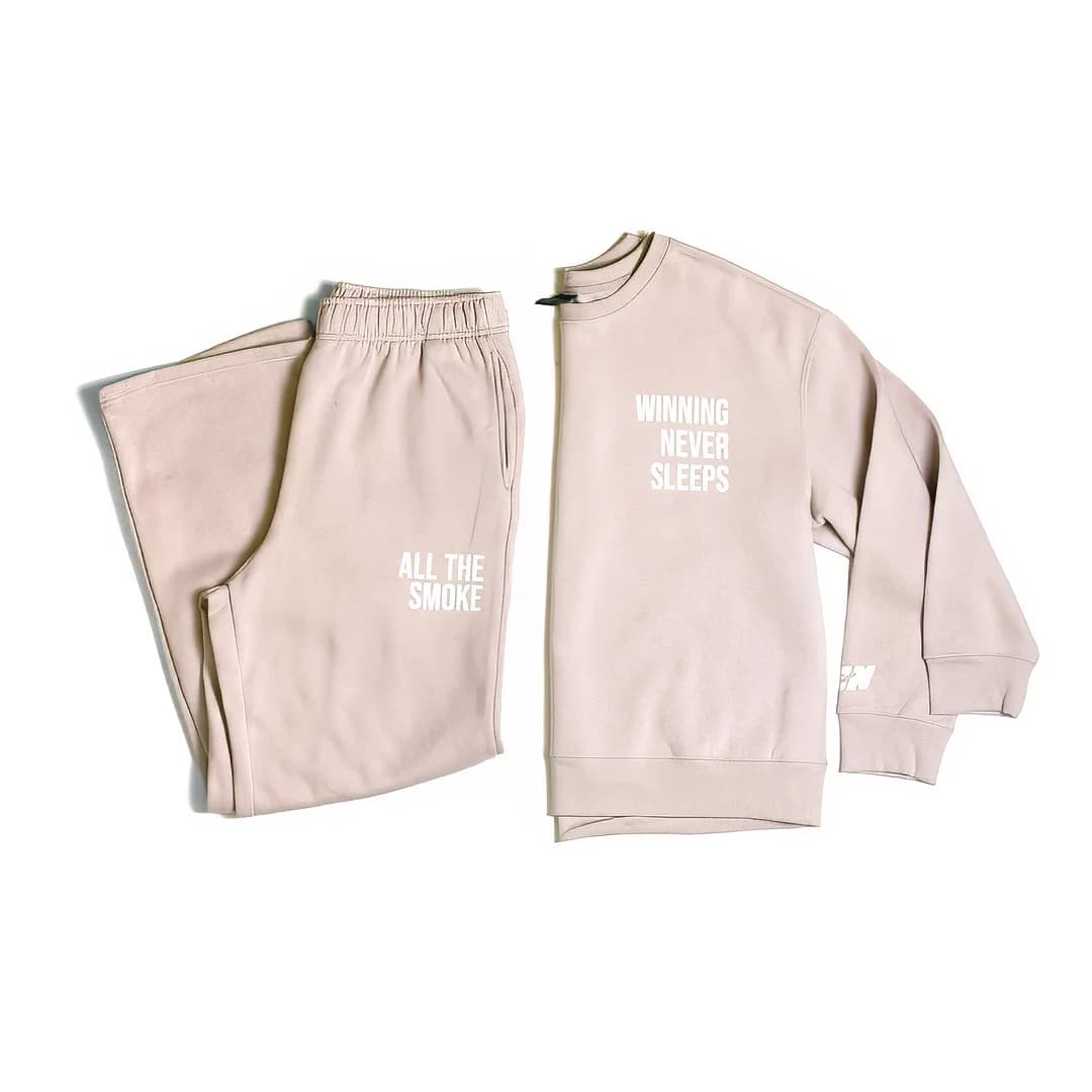 Sand IN SZN Winning Never Sleeps crewneck and jogger pieces displayed together